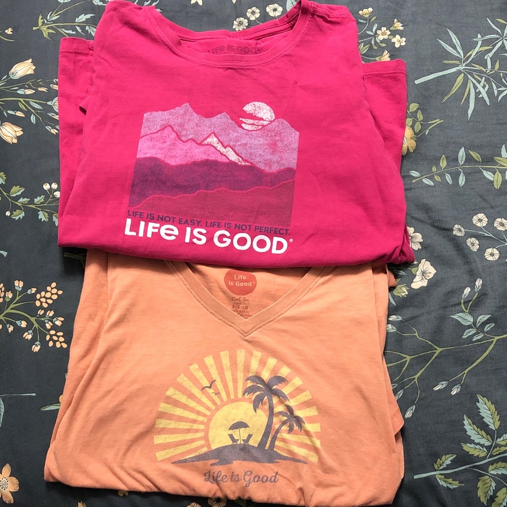 Bundle of Two “Life is Good” Graphic Cotton Tee Shirts in Pink/Orange Size Small